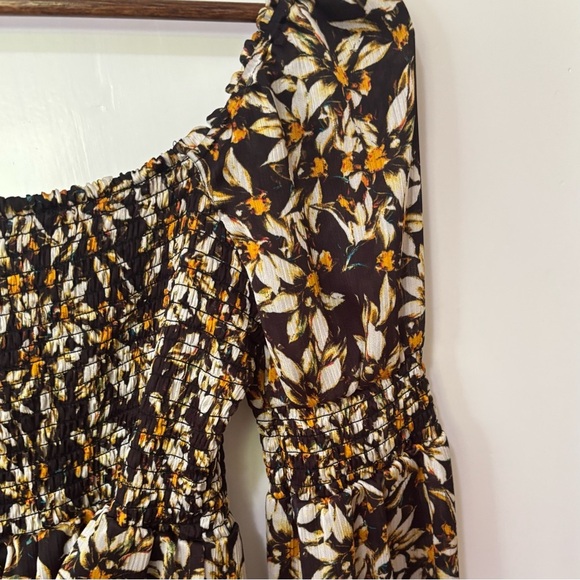 Guess| Brown & Cream Fall Floral Smocked Boho Long Sleeve Mini Dress Sz XS - Picture 4 of 6